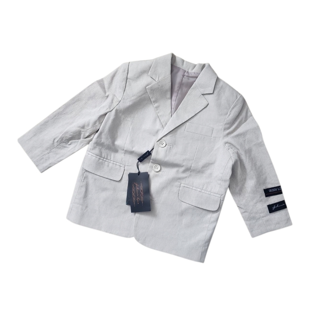 Johnnie Lene Boys Linen Blend Blazer Size 3T Beige Notch Collar Dual Button.